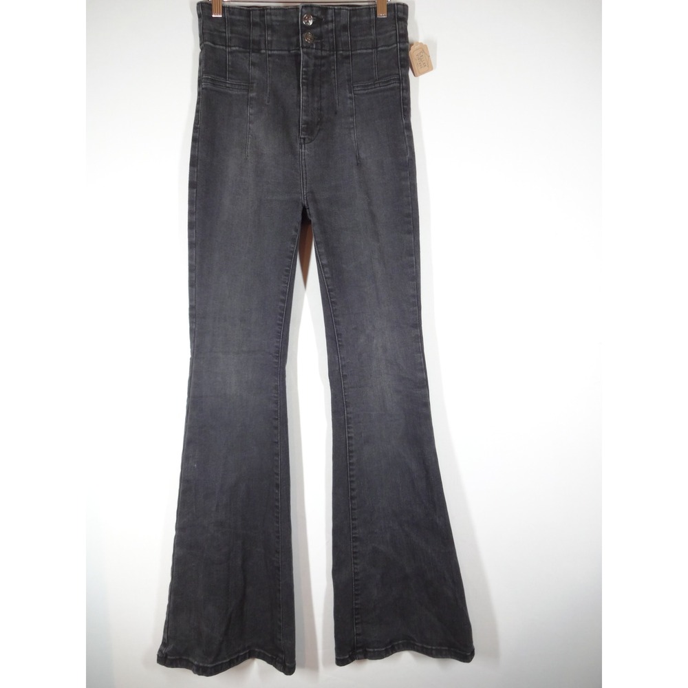 We The Free Flare Jeans Womens 29L Black High Rise Seam Detail Retro Boho